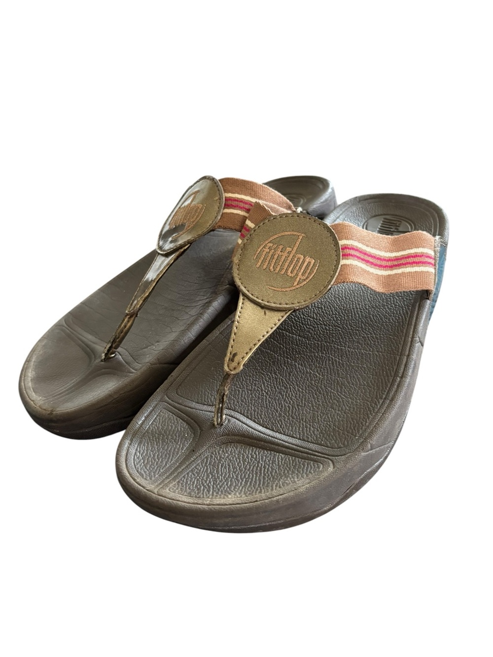 FitFlop Walkstar Sandal Sz 7  Bronze Circle Logo Stripped Brown Webbed Strap